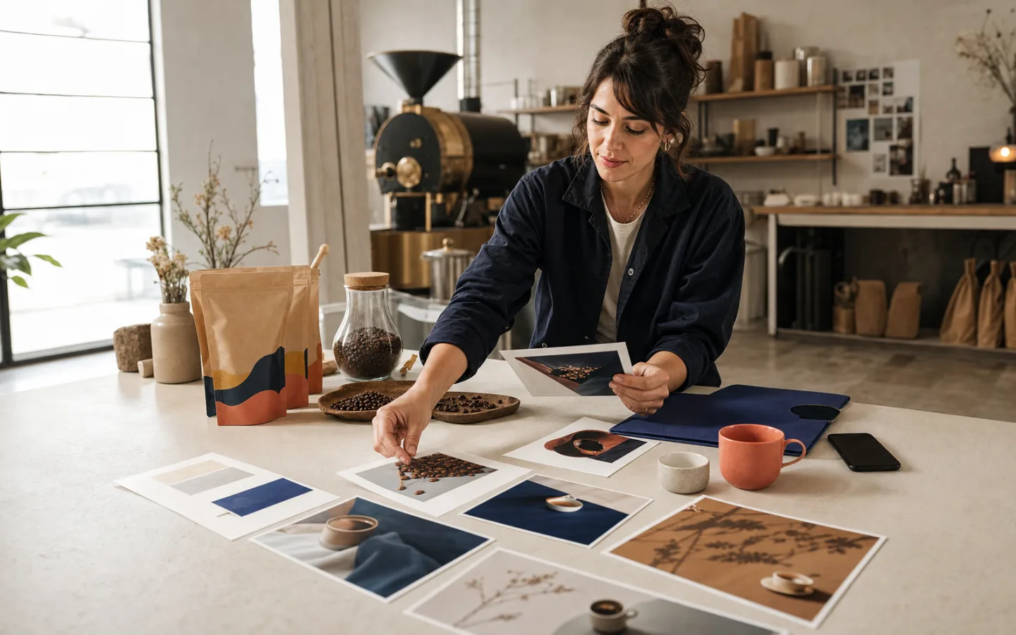 A brand operator reviewing printed campaign material at a studio table. Synthetic sample.