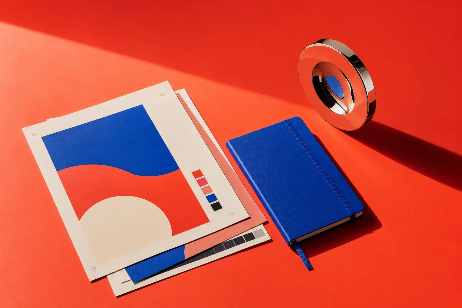 A blue notebook and printed campaign boards arranged on a coral studio surface. Synthetic sample.