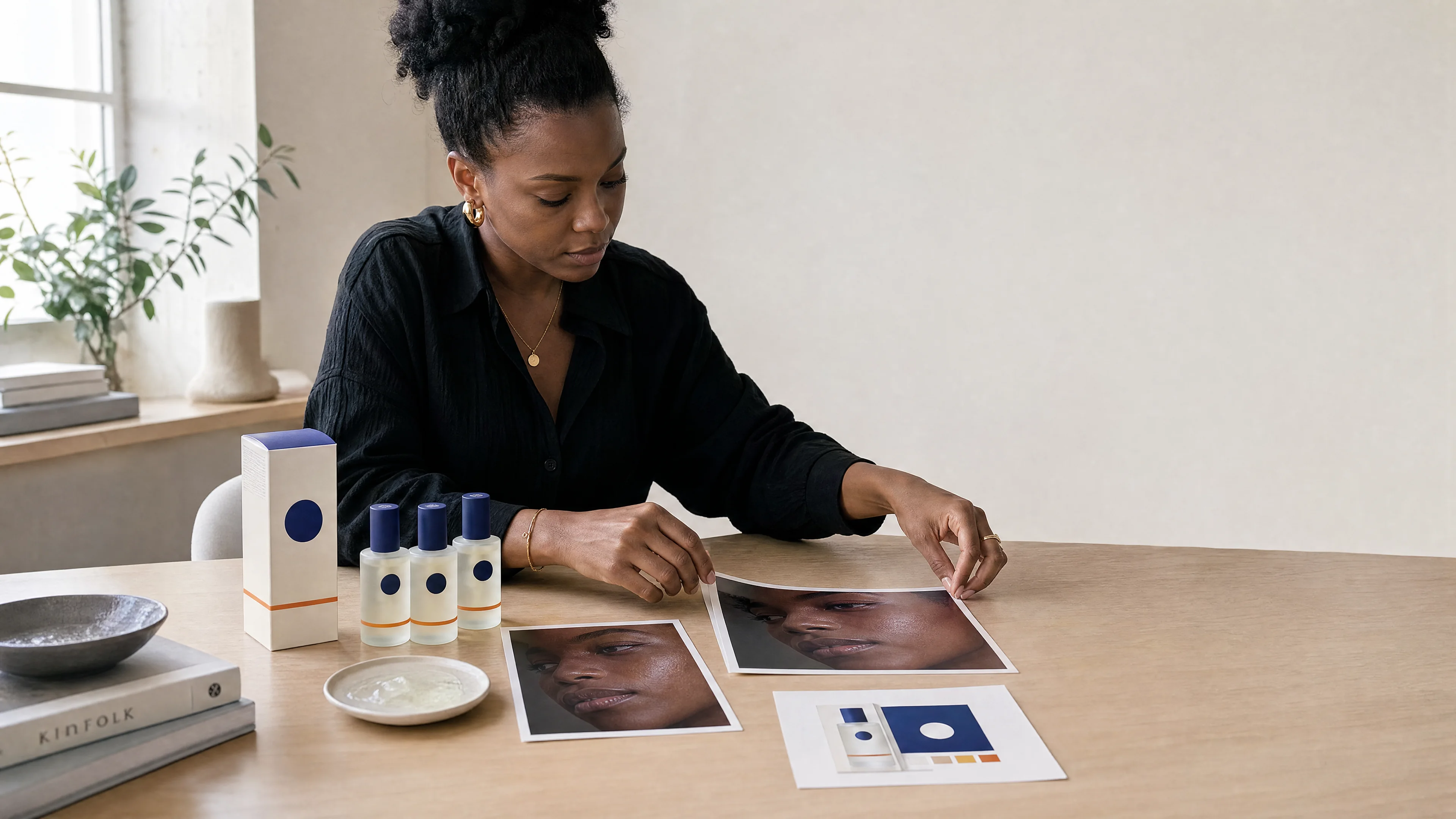 A person arranging skincare bottles and campaign print samples for a synthetic brand.
